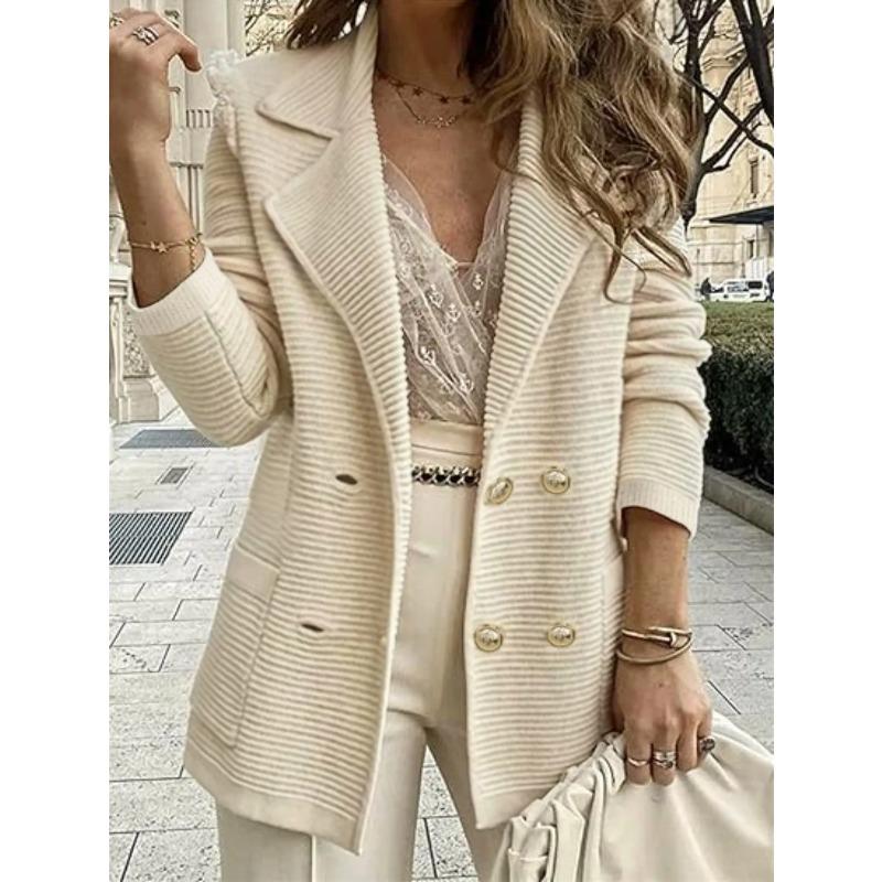 Blazer Long en Tricot Côtes Crème Double-Boutonnage pour Femme Style Décontracté Bureau Manches Longues Vêtement d'Extérieur