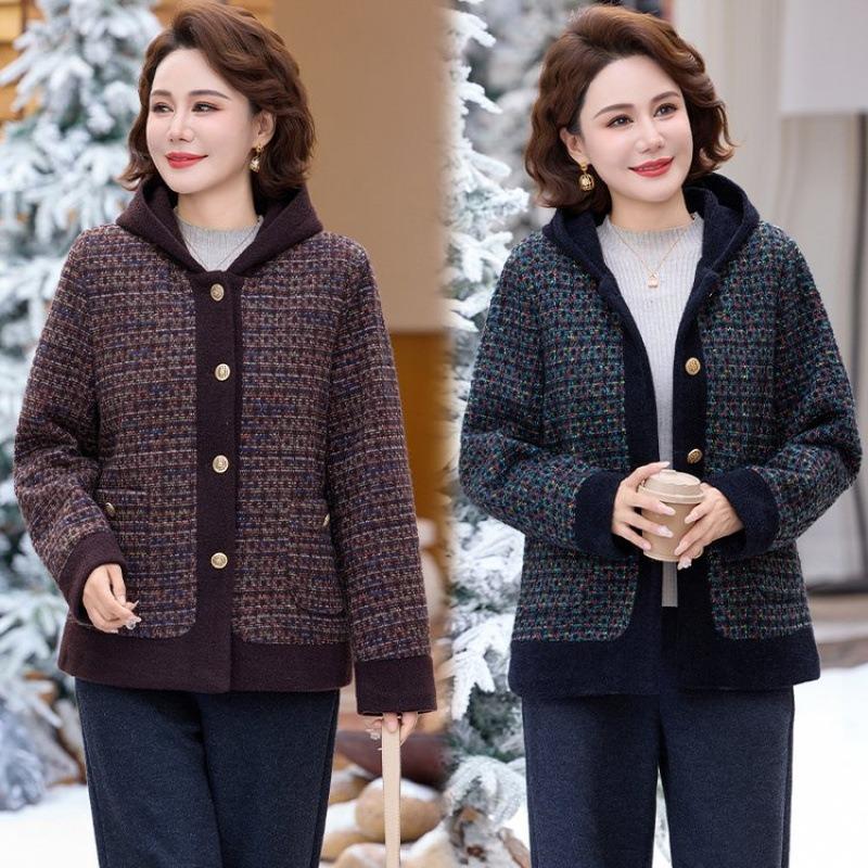 Woolen coat women's autumn and winter middle-aged woolen coat mother's new velvet thickened warm hooded noble leisure