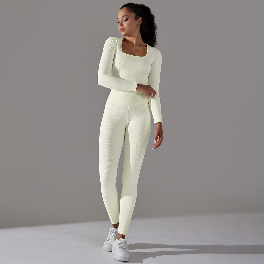 Seamless Knitted Long Sleeved Sports And Fitness Pants, Quick Drying Jacquard Breathable Hip Lifting Running Yoga Suit Set