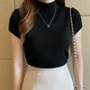 Mode Sommer Kurzarm Schwarz Weiß Gestrickter Pullover T-Shirt Damen Slim Strick T-Shirt Damen Oberteile T-Shirts JJ02