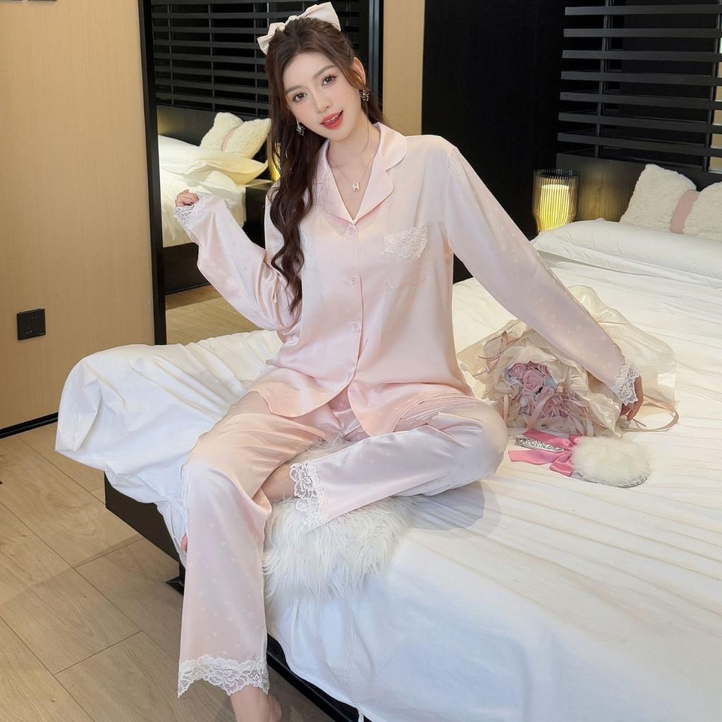 Ice Silk Pajamas Spring and Summer High-end Lace Edge Long-sleeved Court Style Loungewear Girl Sweet Style Pajamas 1181