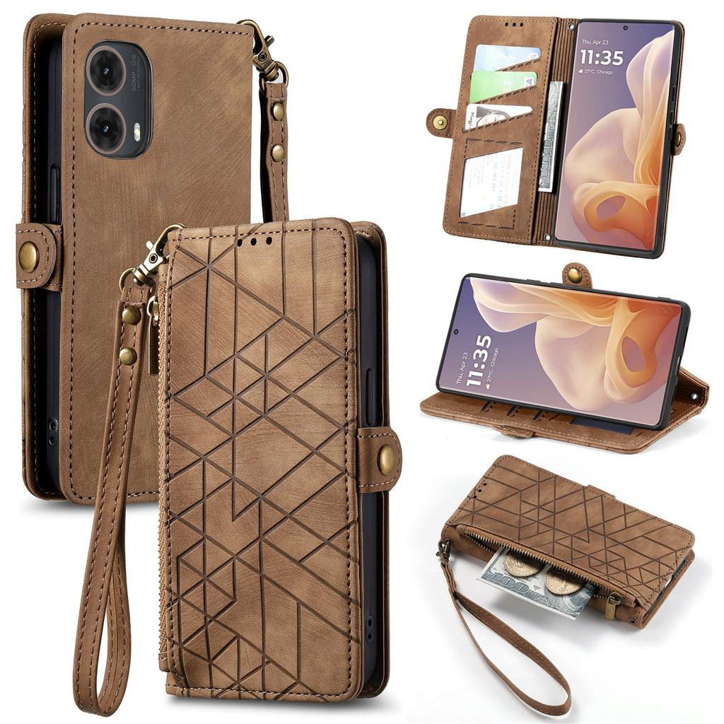 For Motorola Moto G85 5G/S50 Neo 5G Zipper Wallet Case Geometry Lines Leather Phone Cover with Strap
