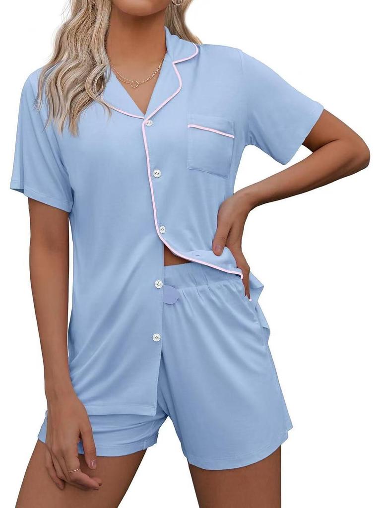 European & American Casual Lapel Women's Short Sleeve Cardigan Pajama Set with Shorts