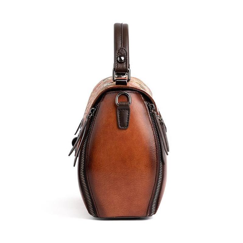 Johnature Retro preget førstelags kuskinn Dameveske Håndlaget Floral Hasp Handbag Fritid Skulder Messenger Bags