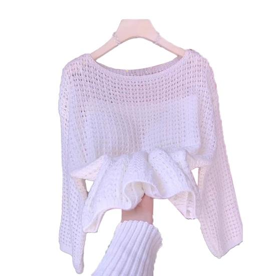 

Women Tops Loose Fit One-Shoulder Hollow Knitted Long Sleeve Blouse Pure Color Summer Thin Tops Sun Protection Cover Up Blouse