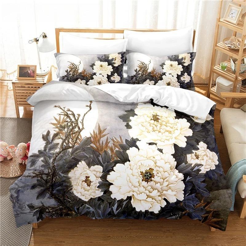 Elegantes Blumen-Bettwäscheset, Bettbezug-Set, 3D-Bettwäsche, Digitaldruck, Queen-Size-Bettwäscheset aus Polyester, modisches Design, bunt