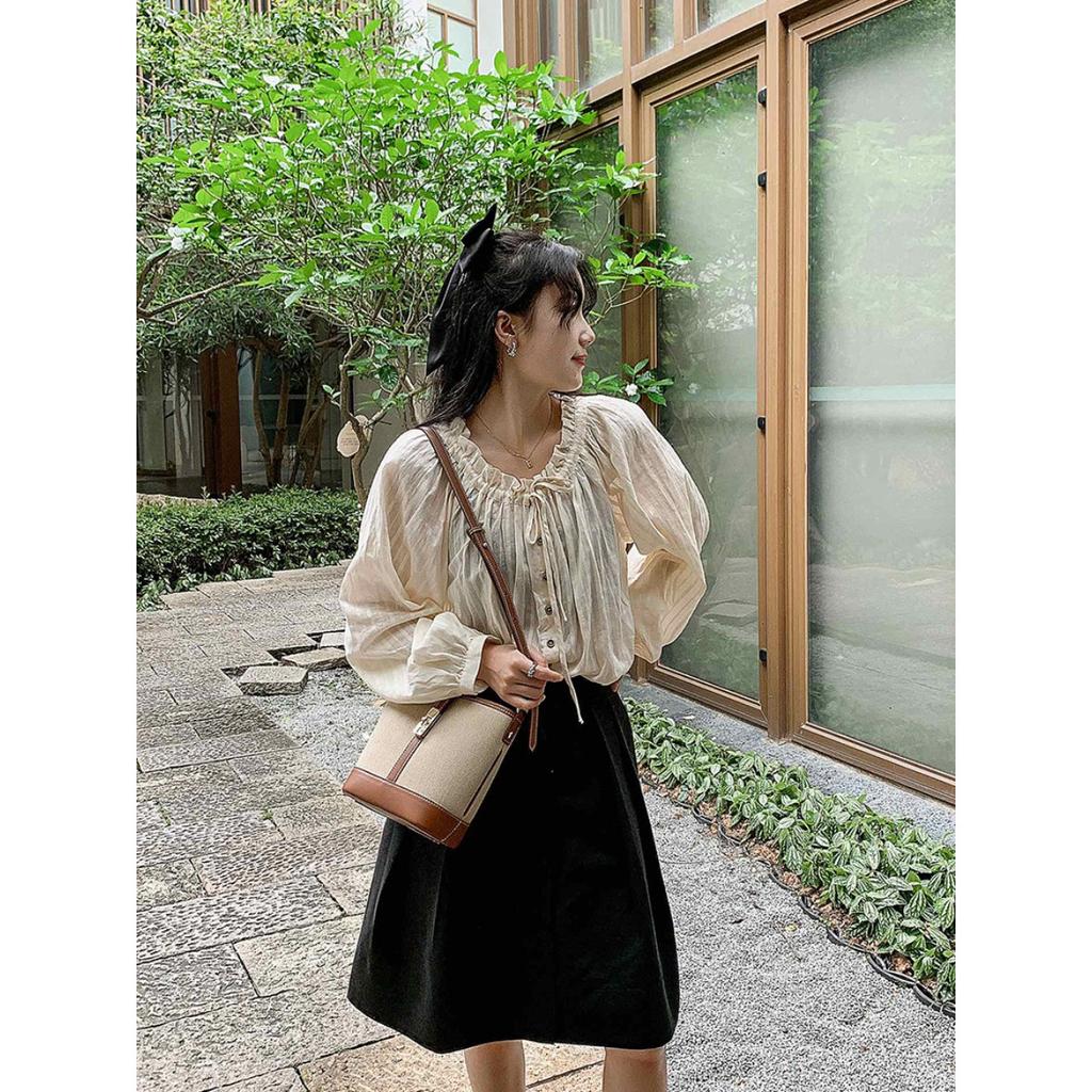 Cowhide canvas splicing bucket bag women's 2025 summer shoulder oblique span bag casual versatile underarm bag Korean version tide