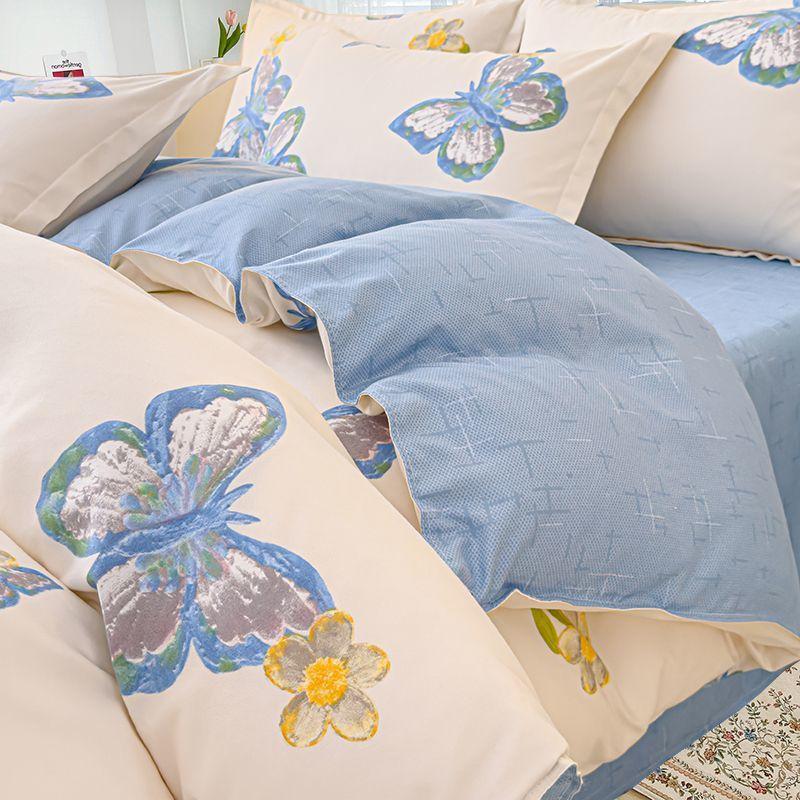 Simple Class A Washed Cotton Four-piece Bedding Set Princess Style Printed Quilt Cover Dormitory Bed Sheet Three-piece Quilt Cover