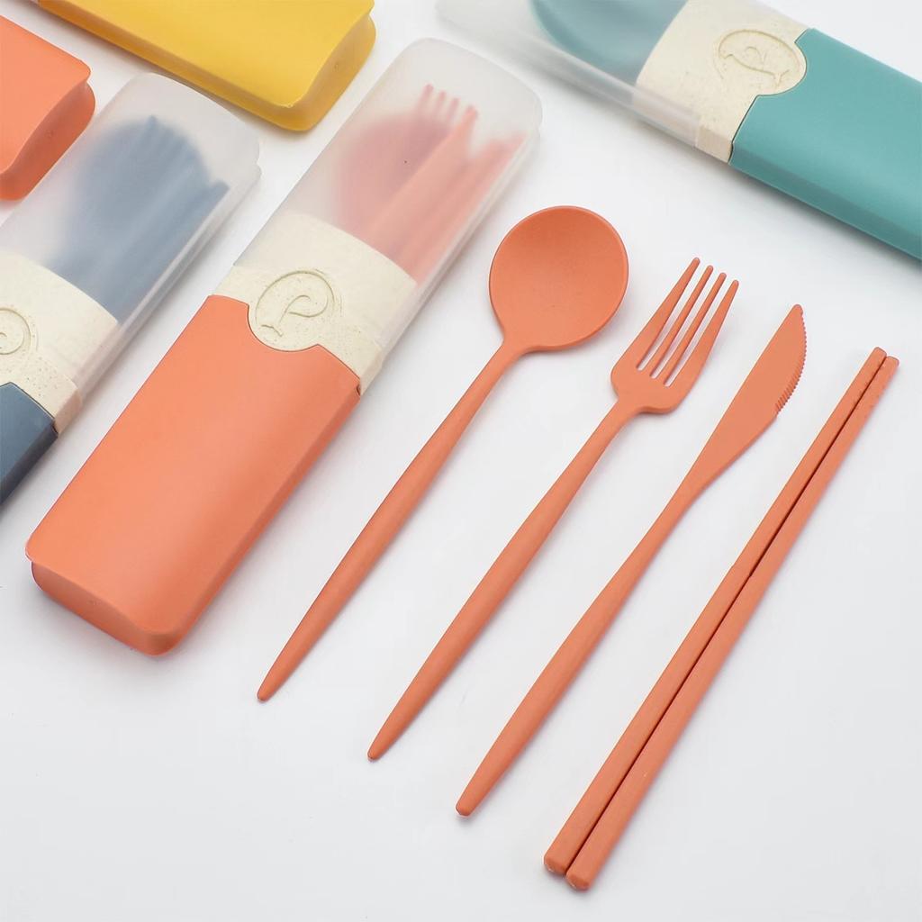 Vajilla portátil de paja de trigo, cuchillo, tenedor, cuchara, palillos, juego de vajilla con caja de almacenamiento, cubiertos de viaje para estudiantes para fiesta de barbacoa
