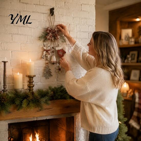 Vintage Retro Home Hanging Accents Rustic Christmas Wooden Pendant with LED Lights, Lighted Snowflake Gloves Tree And Reindeer Decorative Ornaments