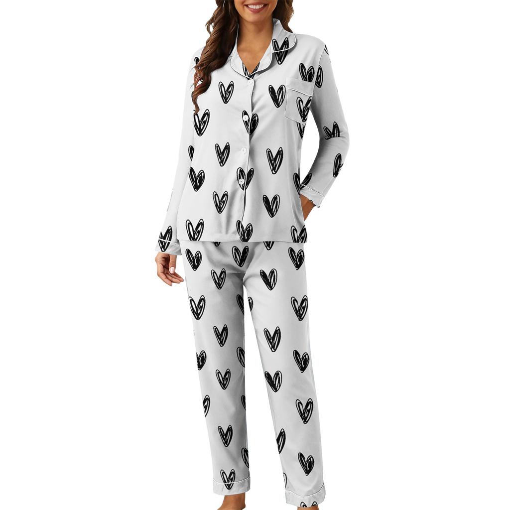 Women's Casual Fashion Heart Print Long-Sleeved Top And Trousers Homewear Set