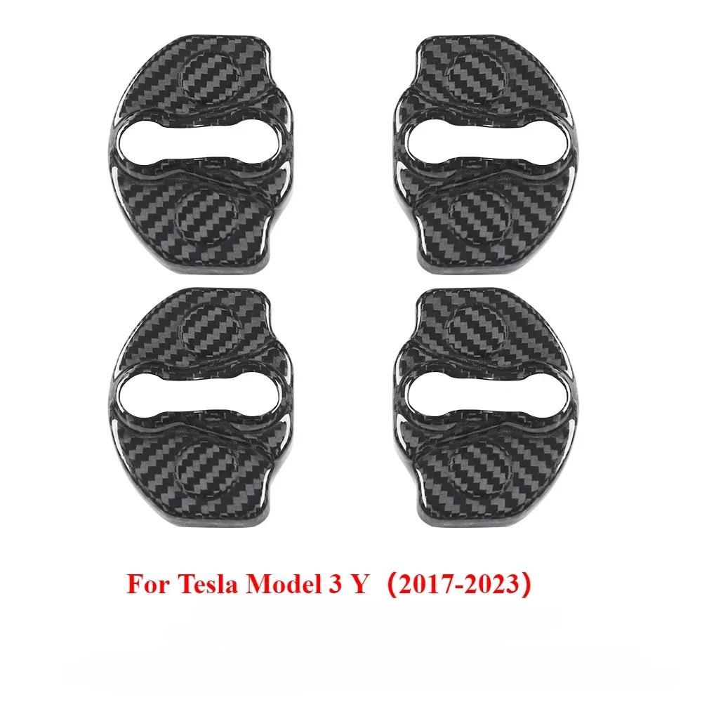 For Tesla Model Y 3 Interior Accessories Real Dry Carbon Fiber 4pcs Door Lock Buckle Protector Cover Latches Door Stopper Covers