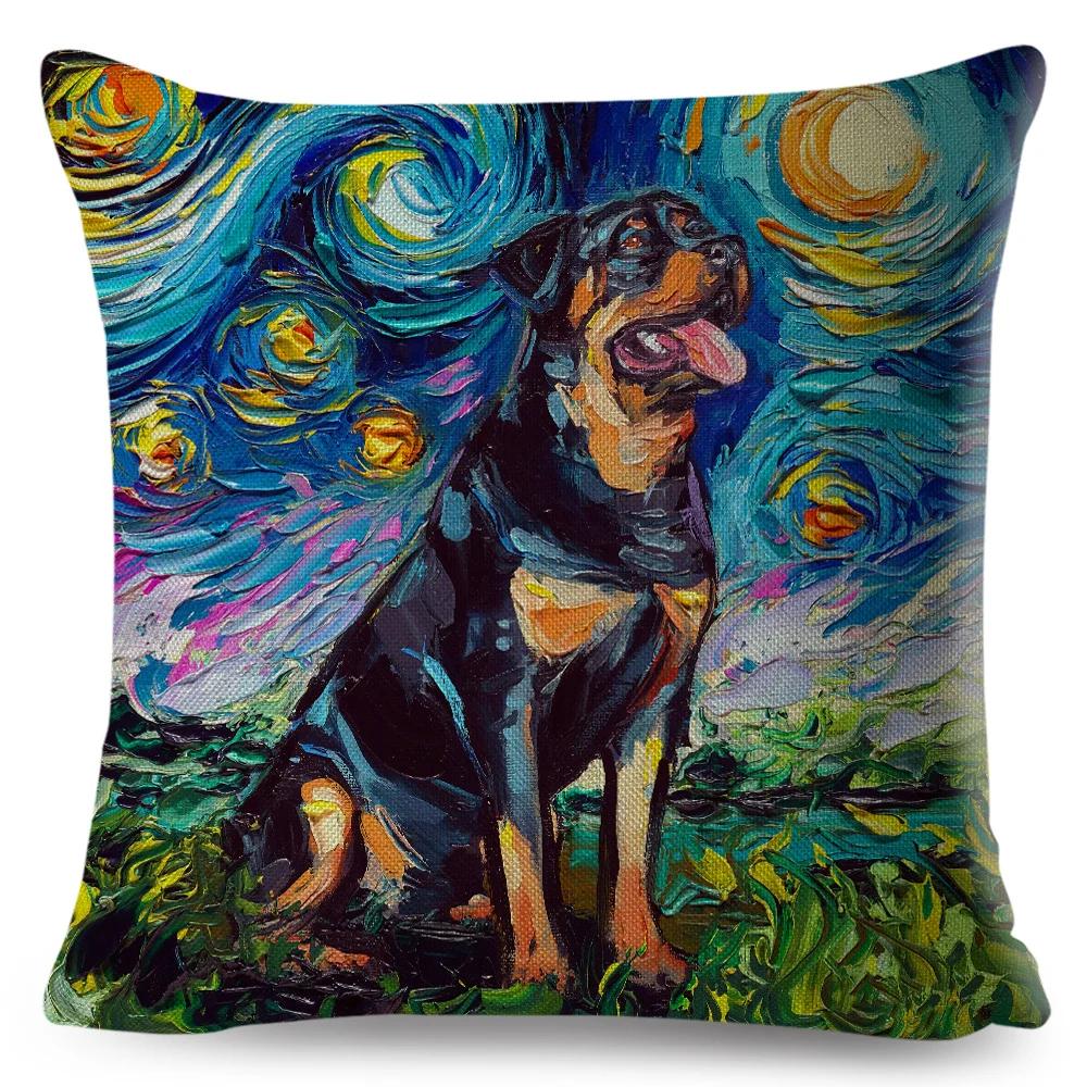 Both Sided Starry Sky Dog Cushion Cover Decor Oil Painting Cartoon Pet Animal Pillow Case for Sofa Home  Linen Pillowcase