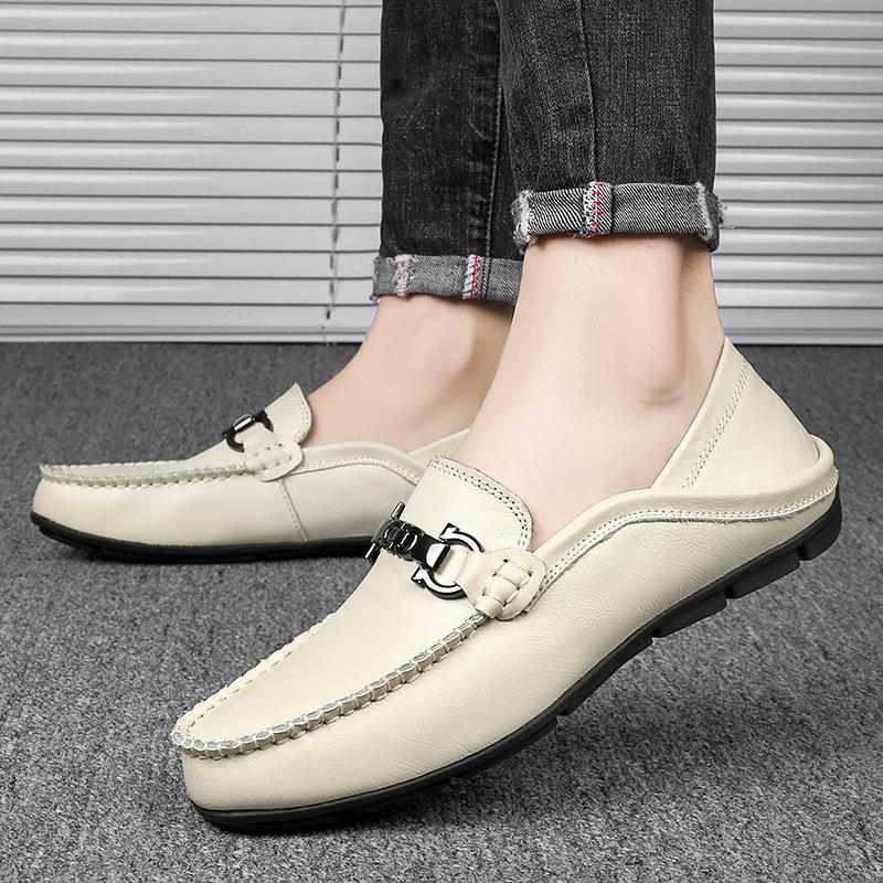 Quality Beige Men's Leather Casual Shoes Big Size 47 Fashion Buckle Loafers Man Moccasins Comfortable Flat Driving Shoes For Man