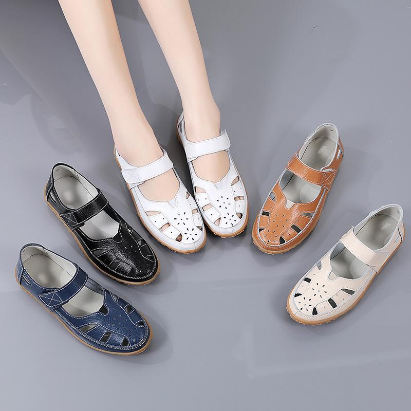 Fashion Genuine Leather Sandals Fashionable New Summer Comfortable Soft Sole Mother Shoes Cowhide Velcro Casual Women's Shoes Flat Sole