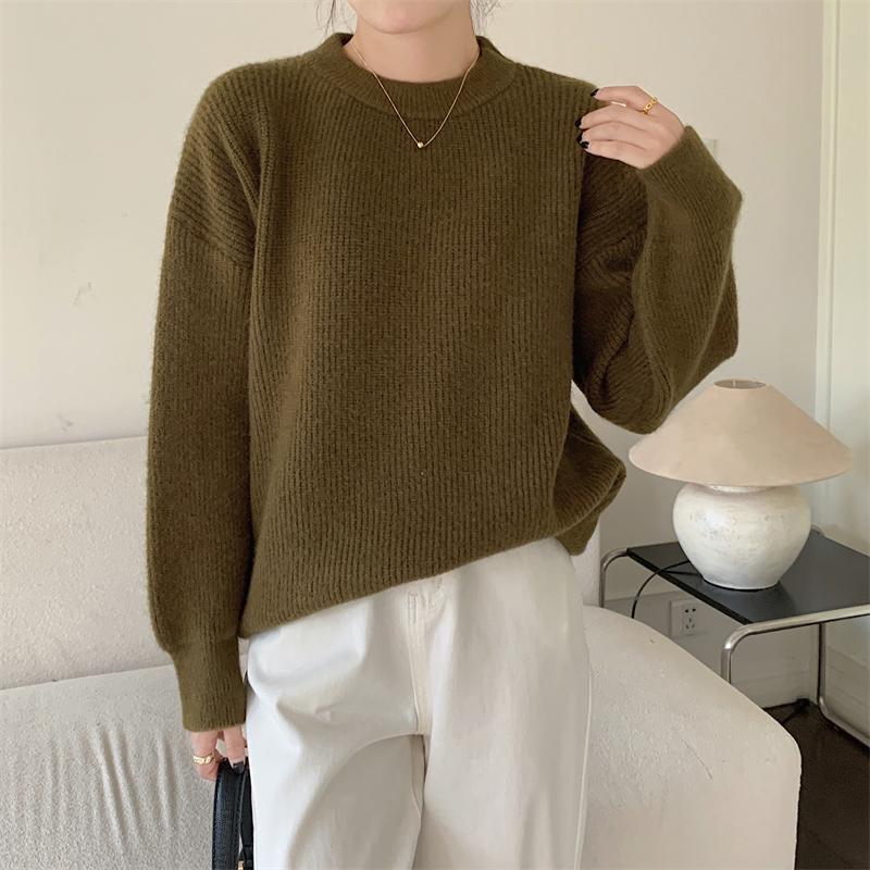 Hirsionsan Pulover tricotat cu mânecă lungă, ocazional, cu bază solidă, moale, pentru femei, cu gâtul în formă de O, pulover elegant, la modă, toamnă iarnă