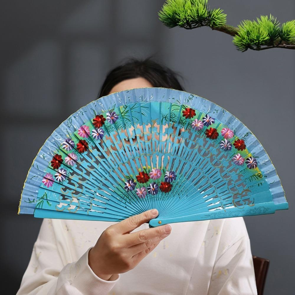 Colorful Hand Painted Fan Wooden Chinese Vintage Fan Portable Spanish Wood Fan  Home Decor
