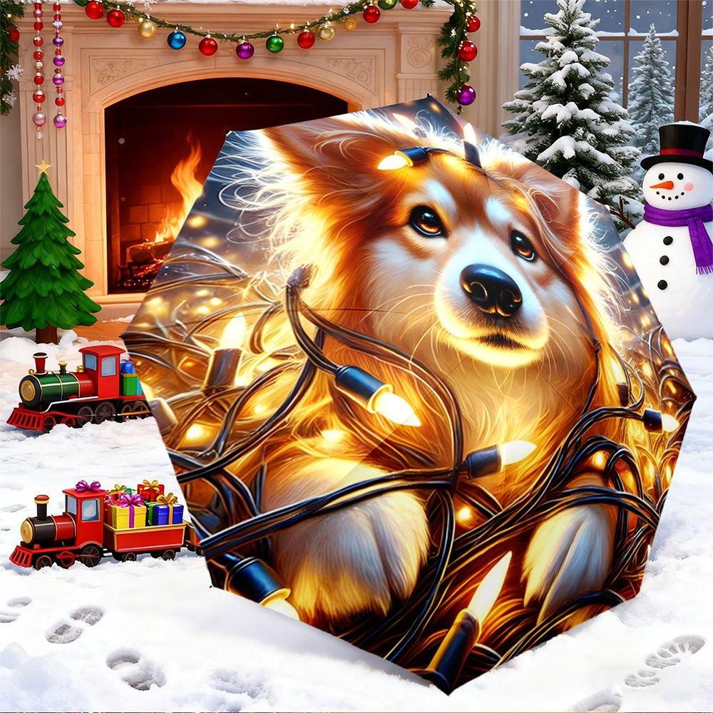 

Open/Close Portable Folding Umbrella with Corgi & Glowing String Lights - 8-Rib Compact Travel Umbrella, Folding Canopy for Ch (as the picture,Iron&8K)