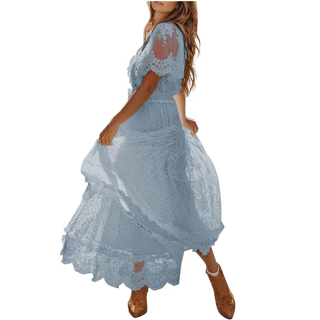 Europe and the United States Summer Foreign Trade New Women's Clothing V-neck Short-sleeved Lace Dress