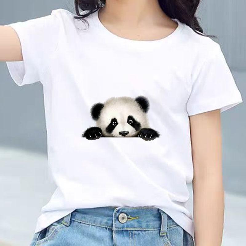 Kids Cotton T Shirt Cute Peeking Panda Print Crew Neck Short Sleeve Tee Casual Breathable Boys Girls Summer Tops