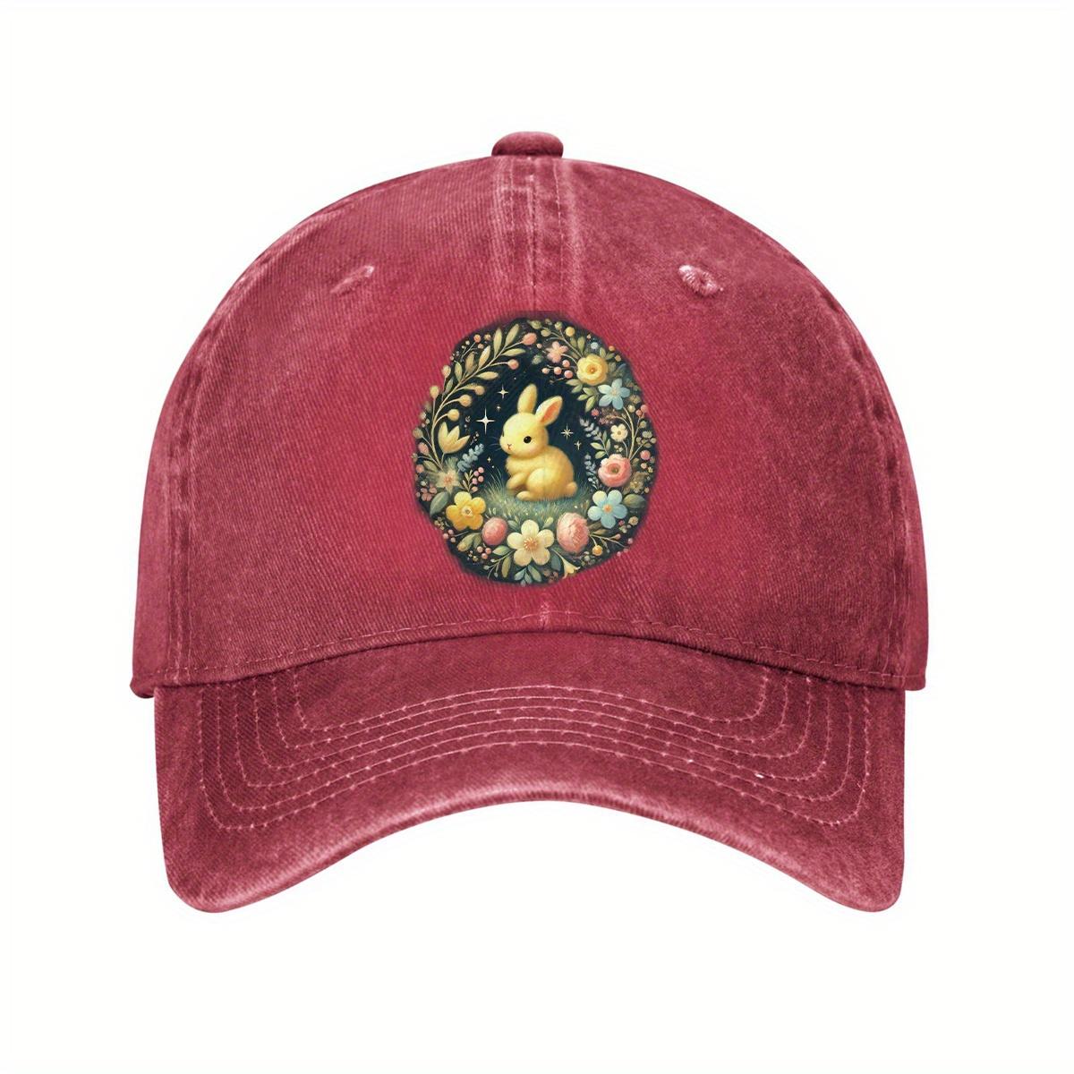 

Easter Bunny Floral Wreath Print Baseball Cap Denim Look Adjustable Casual Dad Hat for Women Men One Size