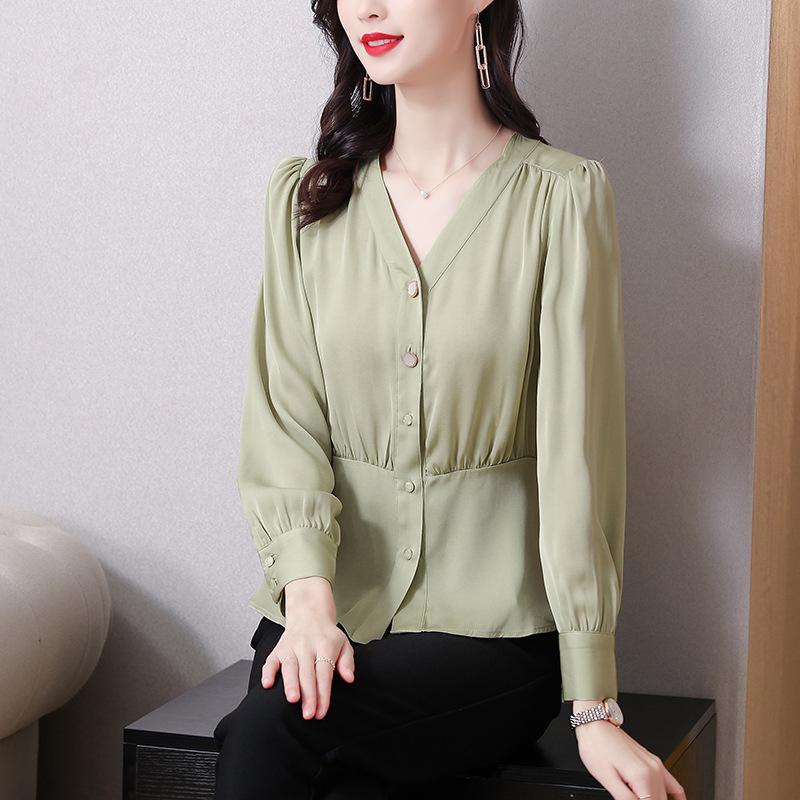2023 Women's V-Neck Satin Silk Long Sleeve Top - Autumn Fashion Slim Waist Design