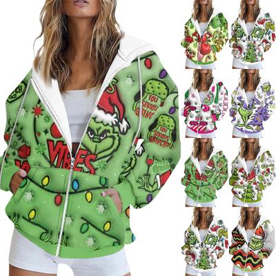 Damen Mode Lässig Bedrucktes Sweatshirt Herbst Und Winter Langarm Tasche Strickjacke Jacke Reißverschluss Hoodie Mantel