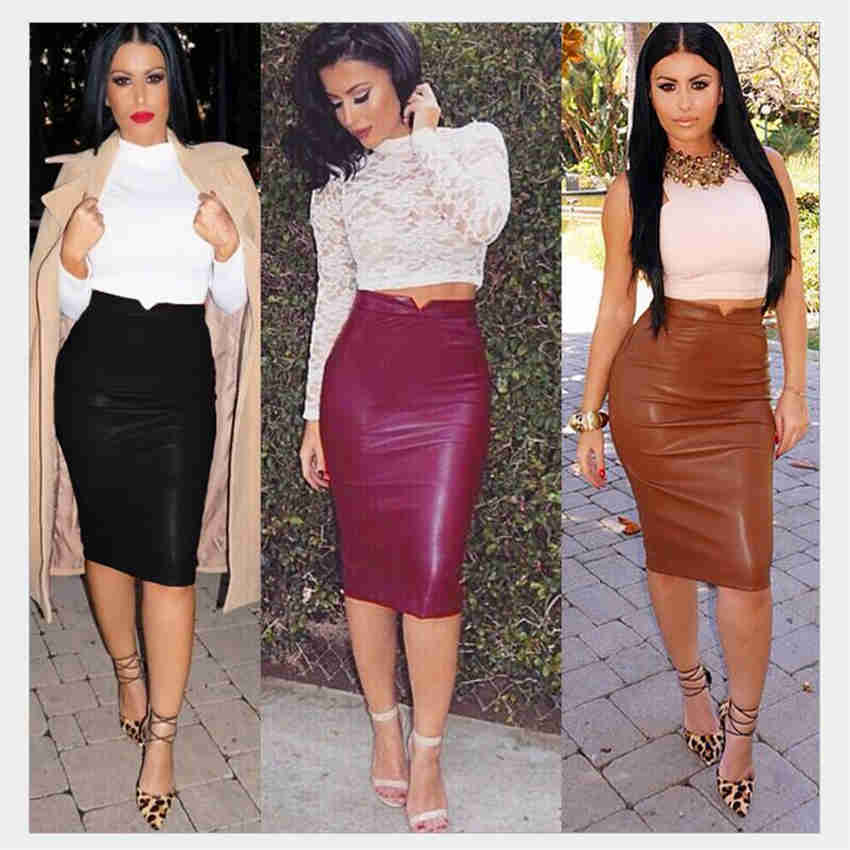 Autumn Winter Females Skirt Sexy Package Hip High Waist Faux Leather Party Office Midi Skirts