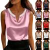 Dames modieuze kleurrijke satijnen tanktop met parelmoeren V-hals, mouwloos shirt, zomertop