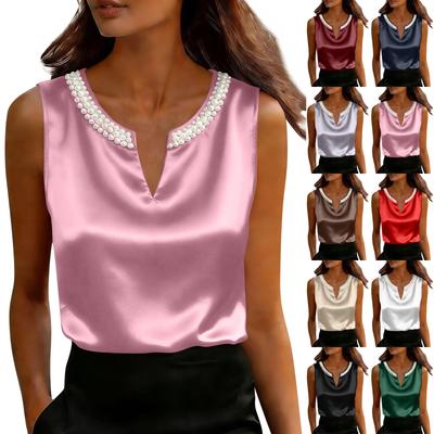 Women's Fashion Color Satin Tank Top Pearl V-neck Sleeveless Shirt Summer Shirt Top