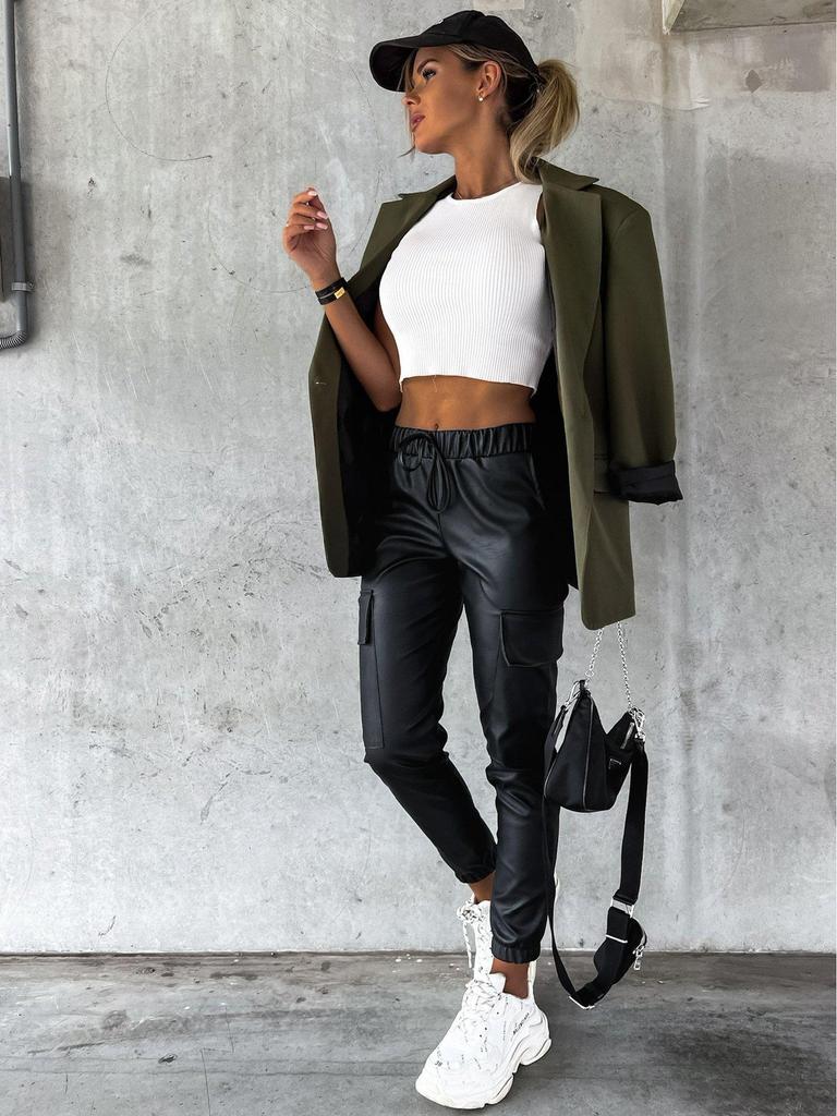 European & American Autumn/Winter Street Style Waist-Cinching Leather Drawstring Pants