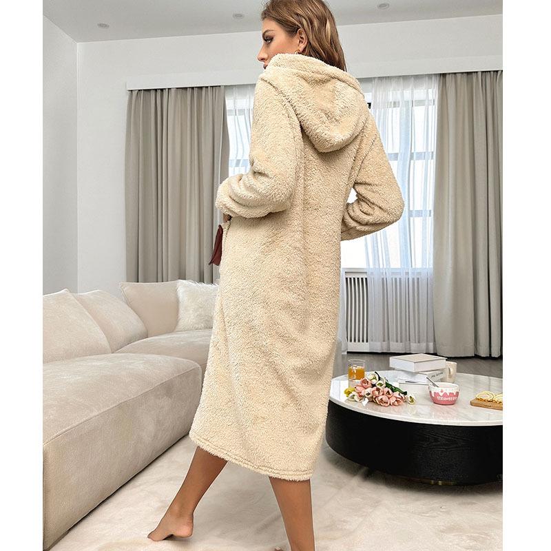 Evropský a americký styl korálový fleece dámské pyžamo: Podzimní/Zimní župan, Teplý, Volný, Pohodlný domácí oděv.