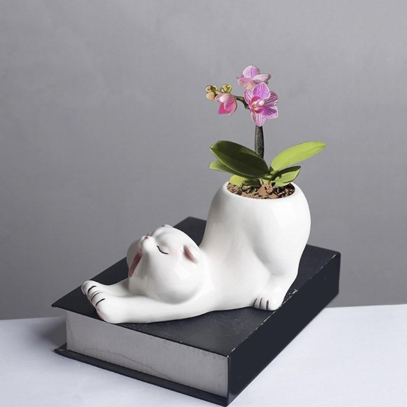 Animal Figure Ceramic Planter Flower Pot, Tabletop Plant Holder for Desk Display, Shelf Placement, Windowsill and Indoor Home Use