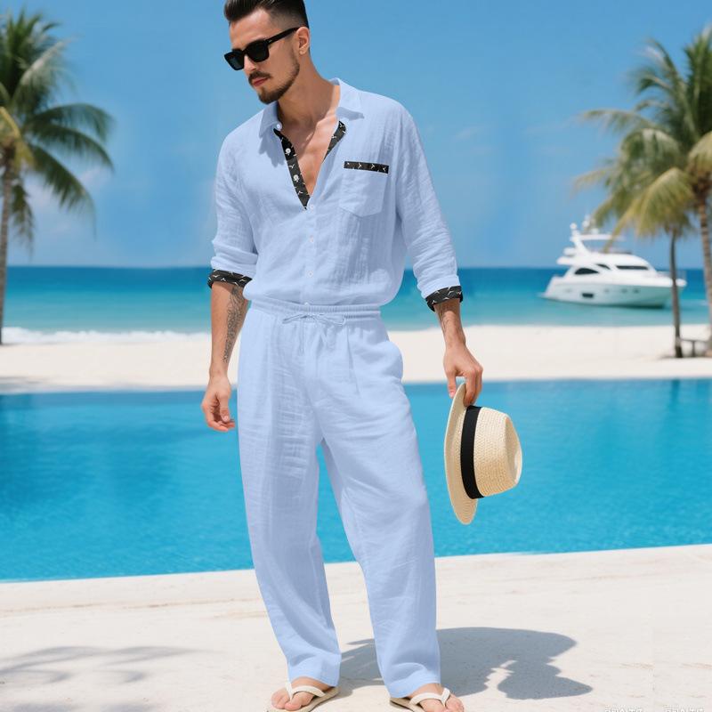 Men's Linen Two Piece Set Long Sleeve Shirt and Relaxed Pants Minimal Holiday Casual Outfit