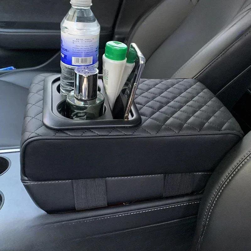 Auto Center Console Armrest Cushion With 2 Cup Holder PU Leather Armrest Pad Portable Car Amrest Pillow Cover Height Pad