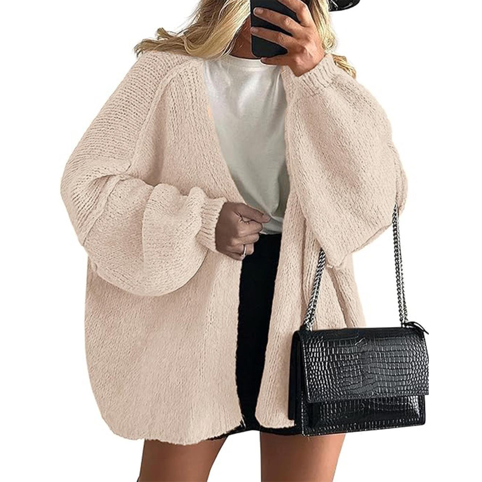 

Женская мода Однотонные пальто Длинный рукав Вязаный повседневный кардиган Свитер Куртка XXL бежевый