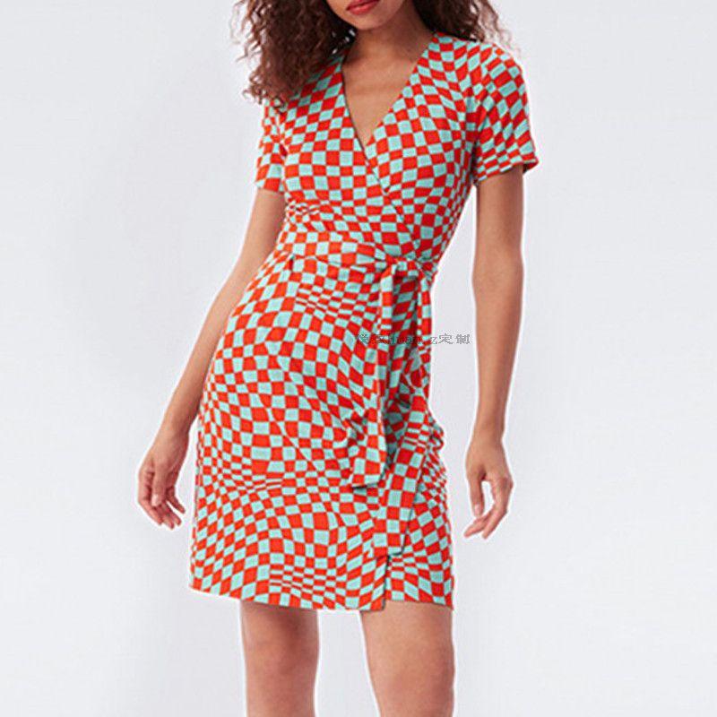 

D s Orange Short-Sleeved Beach Dress for Seaside Vacations Same model (checkered Print skirt) S