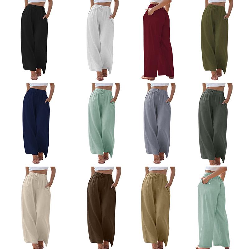 Dámské Elegantní Bavlna Povlečení Jednobarevné Volné Kalhoty Šňůrka široké nohavice Kalhoty s elastickým pasem