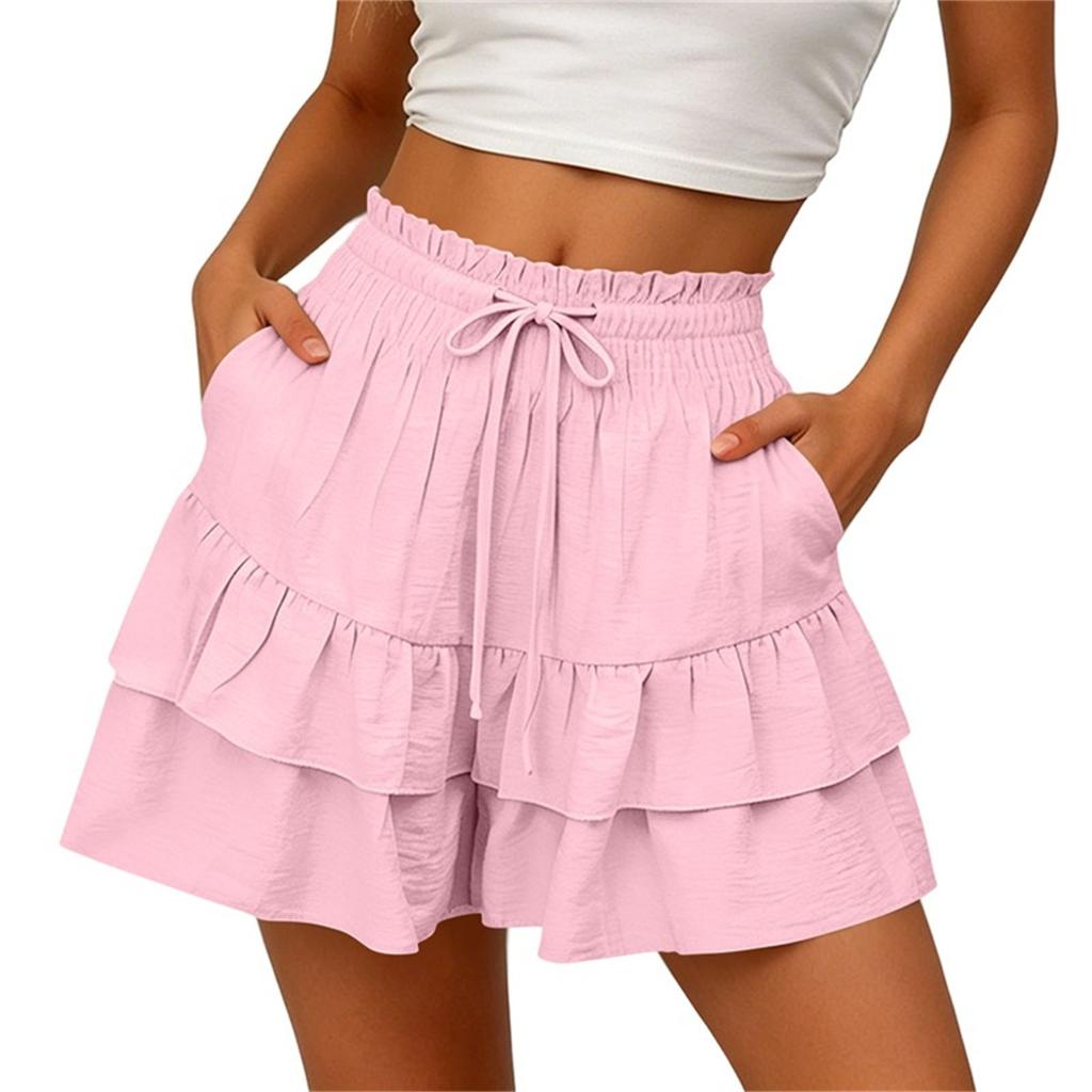 Women Casual Loose Fit Three Layer Ruffle Shorts with Elastic Waist and Drawstring for Everyday Wear Comfortable Style