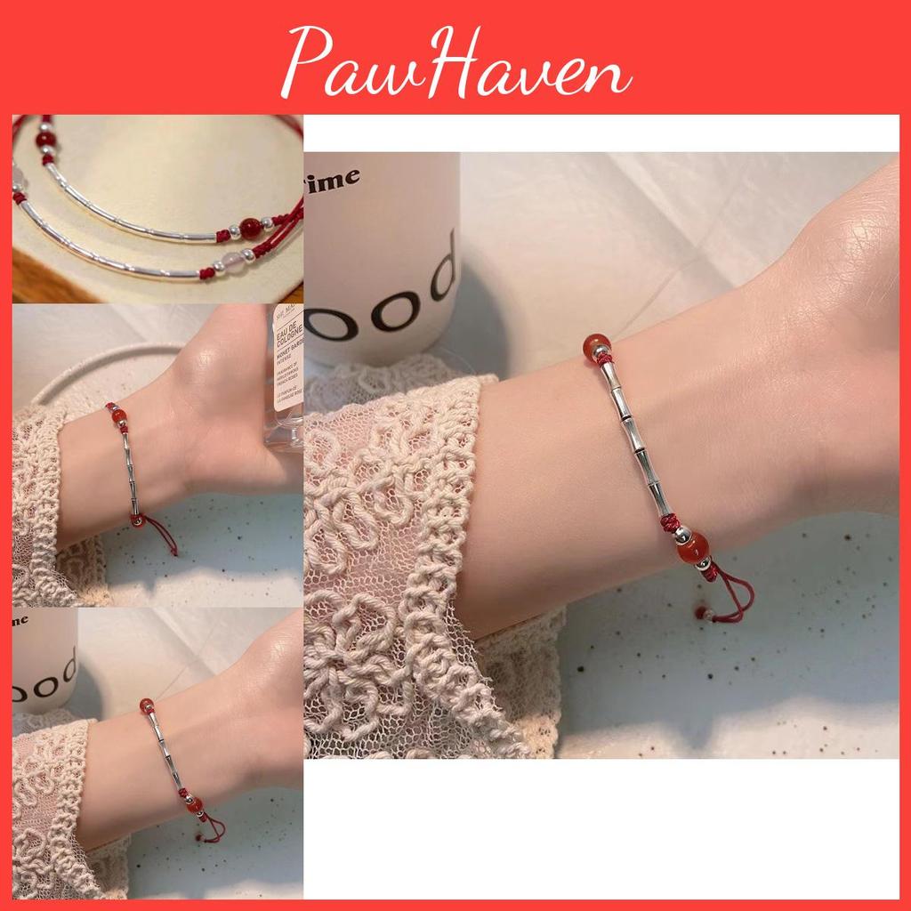 Handmade Red Elegant Rope Bracelet For Women With Bamboo Charm Style Chinese