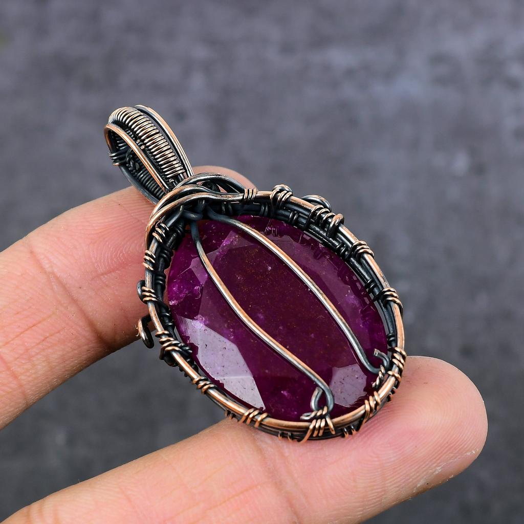 Ruby(Simulated) Gemstone Copper Wire Wrap Jewelry Pendant 2.17" i6b89