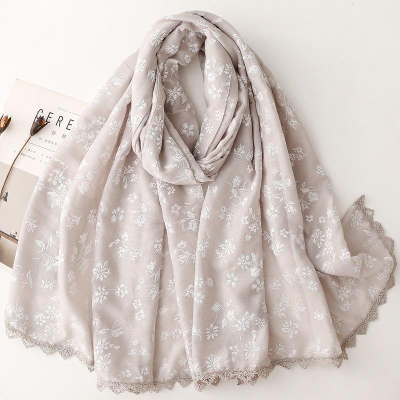 Plain Embroider Floral Viscose Scarf Lace Chain Lady High Quality Shawls And Wraps Pashmina Stole Foulards Muslim Hijab 180*90Cm