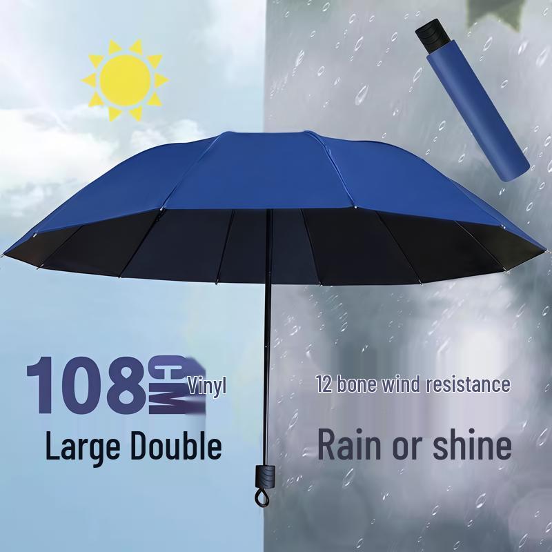 Large Dual-Use Umbrella for Sun and Rain, Manual Folding, Reinforced for Two, Black Glue Sunscreen, Suitable for Men and Women