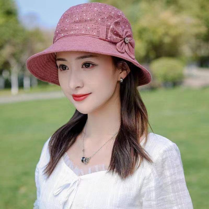 Spring And Summer Hat Women'S Basin Hat Button Bow Bucket Hat Mother Hat Versatile Big Brim Sun Hat