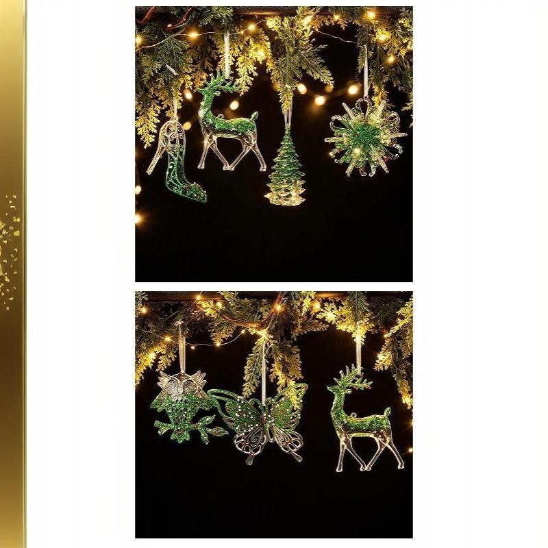 Green Glitter Christmas Hanging Ornament Sparkling Reindeer/High Heel/Tree /Snowflake Designs Pendants With Ribbon Decor