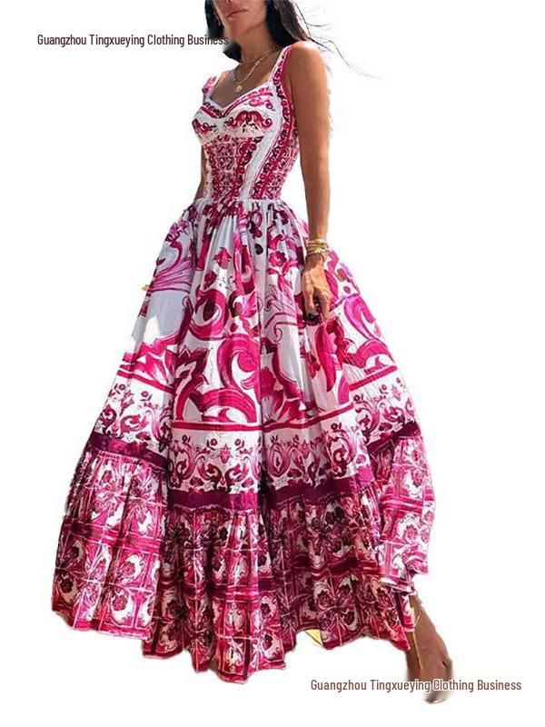 Bohemian Style Mid-Length Floral Print Dress with Elegant Wide Hem