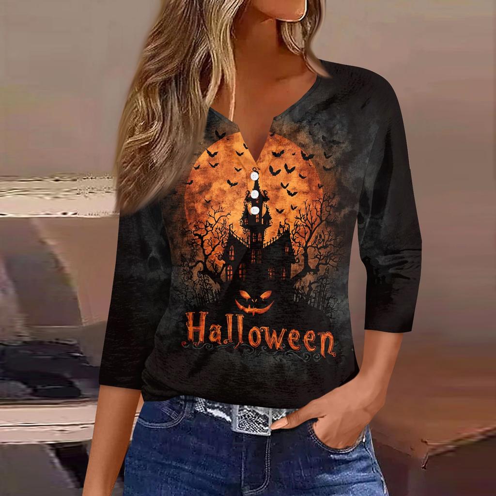 Women's Casual Halloween Print V Neck Button Front Three Quarter Sleeve T Shirt Top with Spooky Haunted House Design for Fall