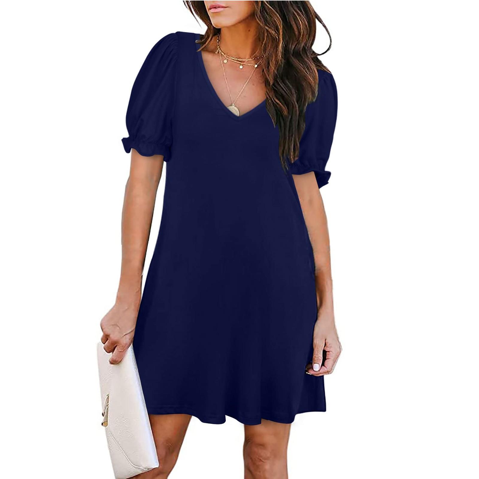 Women s Summer Fashion Color V-neck Petal Sleeve Short Sleeve Pocket Dress XXL