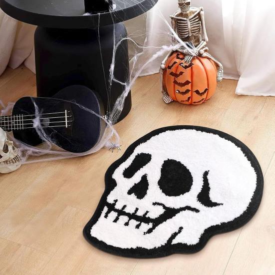 Halloween Welcome Doormat Half Circle Spider-Web Bat Skull Pumpkin Shape Floor Mat Non-Slip Entrance Mat for Front Door Porch Home Decoration