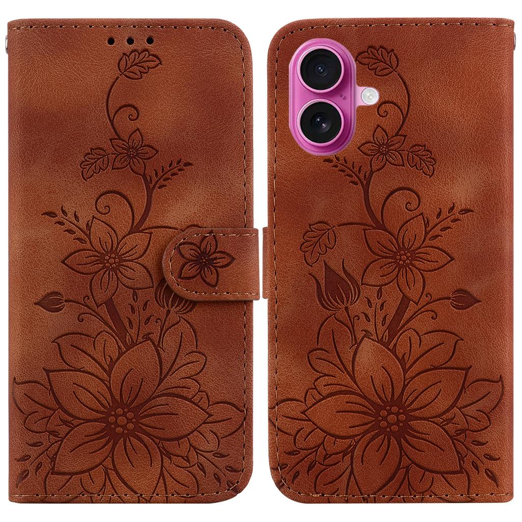 For iPhone 17 Stand Case Lily Flower Imprint Leather Phone Cover with Wrist Strap